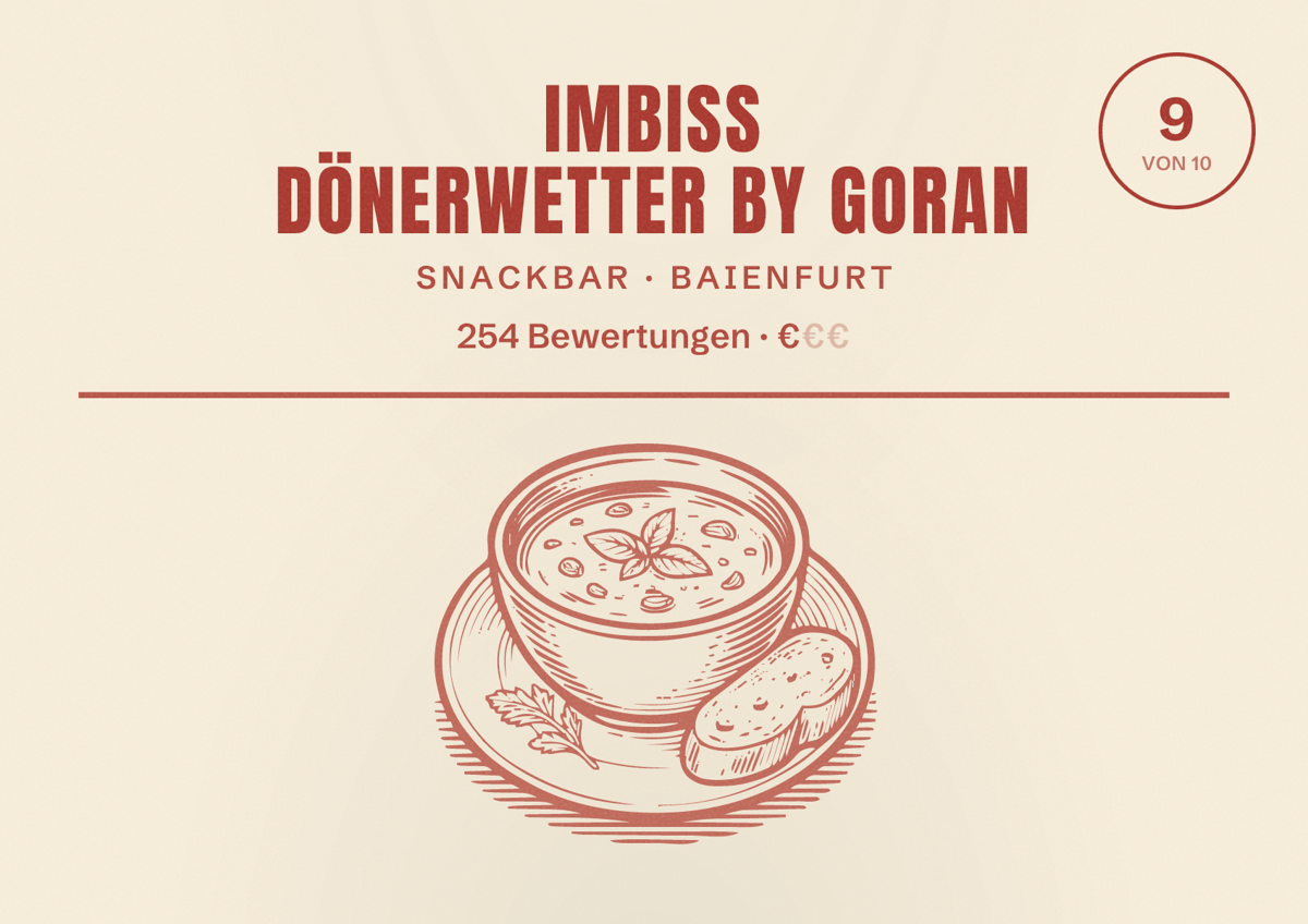 Illustriertes Poster von Imbiss Dönerwetter by Goran, Snackbar in Baienfurt: Bewertung 9 von 10 aus 254 Bewertungen, Preisniveau €