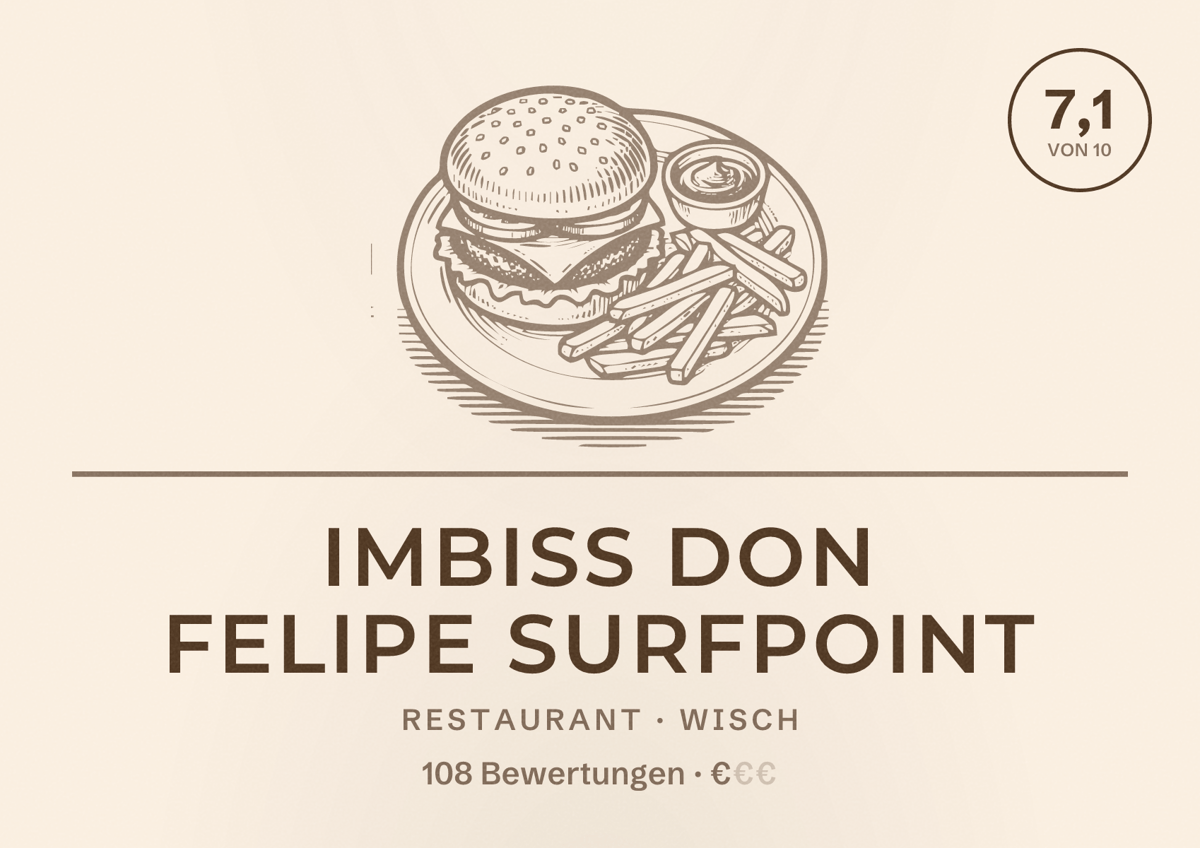 Illustriertes Poster von Imbiss Don Felipe Surfpoint, Restaurant in Wisch: Bewertung 7,1 von 10 aus 108 Bewertungen, Preisniveau €