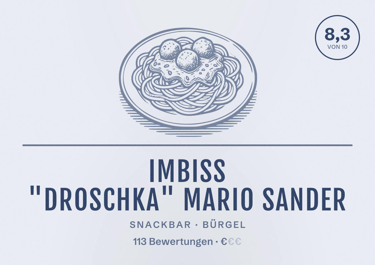 Illustriertes Poster von Imbiss "Droschka" Mario Sander, Snackbar in Bürgel: Bewertung 8,3 von 10 aus 113 Bewertungen, Preisniveau €