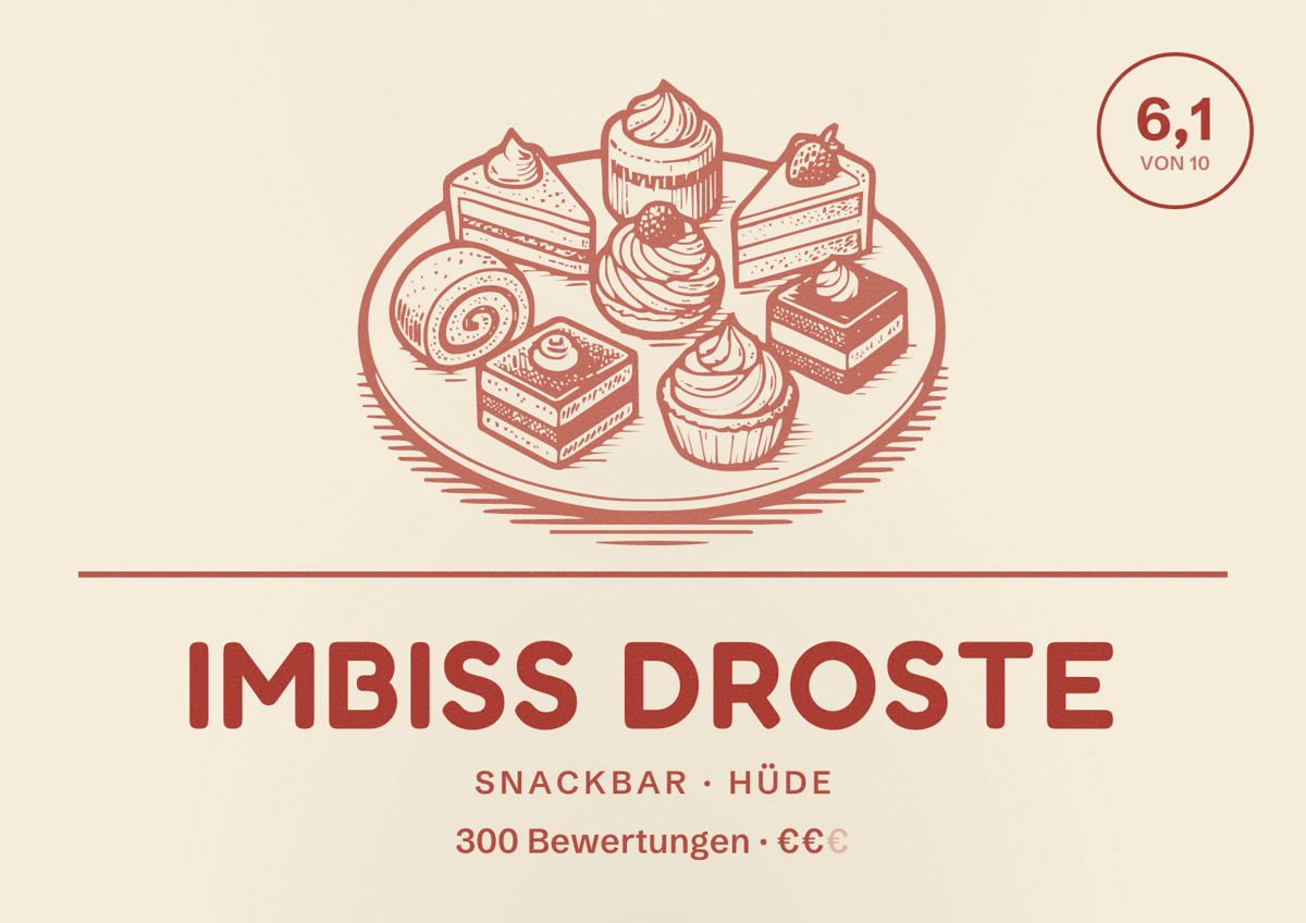 Illustriertes Poster von Imbiss Droste, Snackbar in Hüde: Bewertung 6,1 von 10 aus 300 Bewertungen, Preisniveau €€