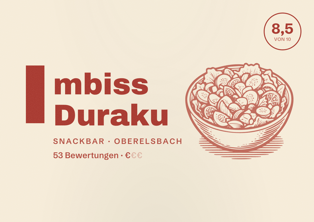 Illustriertes Poster von Imbiss Duraku, Snackbar in Oberelsbach: Bewertung 8,5 von 10 aus 53 Bewertungen, Preisniveau €