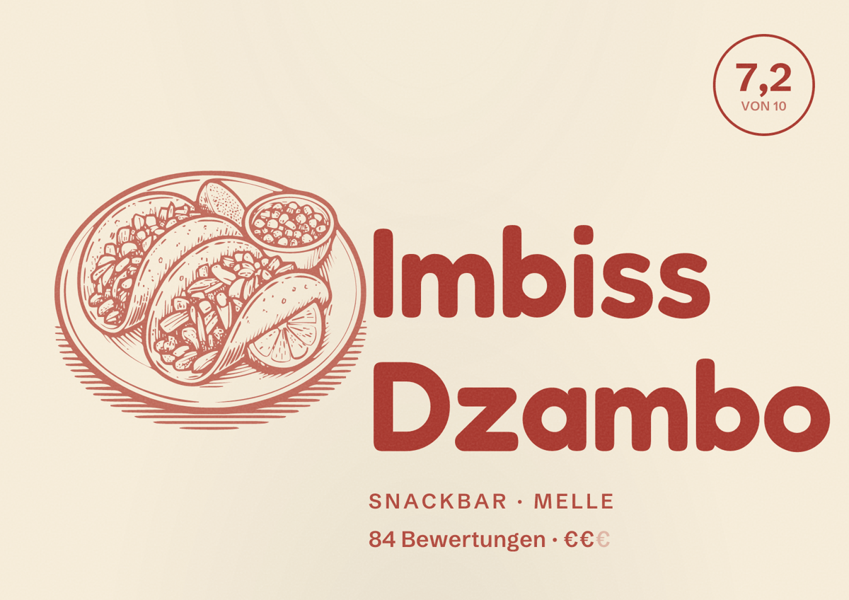 Illustriertes Poster von Imbiss Dzambo, Snackbar in Melle: Bewertung 7,2 von 10 aus 84 Bewertungen, Preisniveau €€