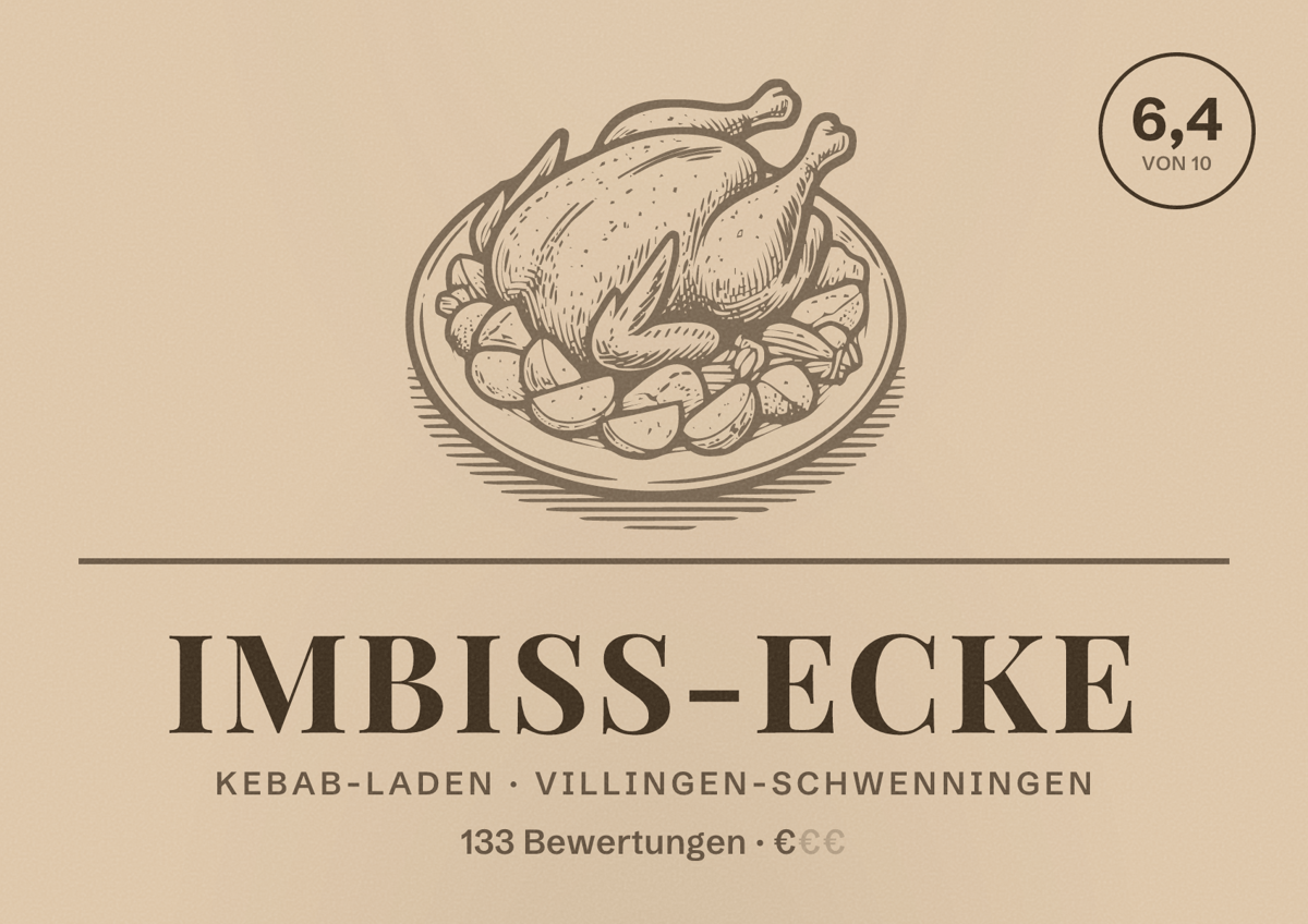 Illustriertes Poster von Imbiss-Ecke, Kebab-Laden in Villingen-Schwenningen: Bewertung 6,4 von 10 aus 133 Bewertungen, Preisniveau €