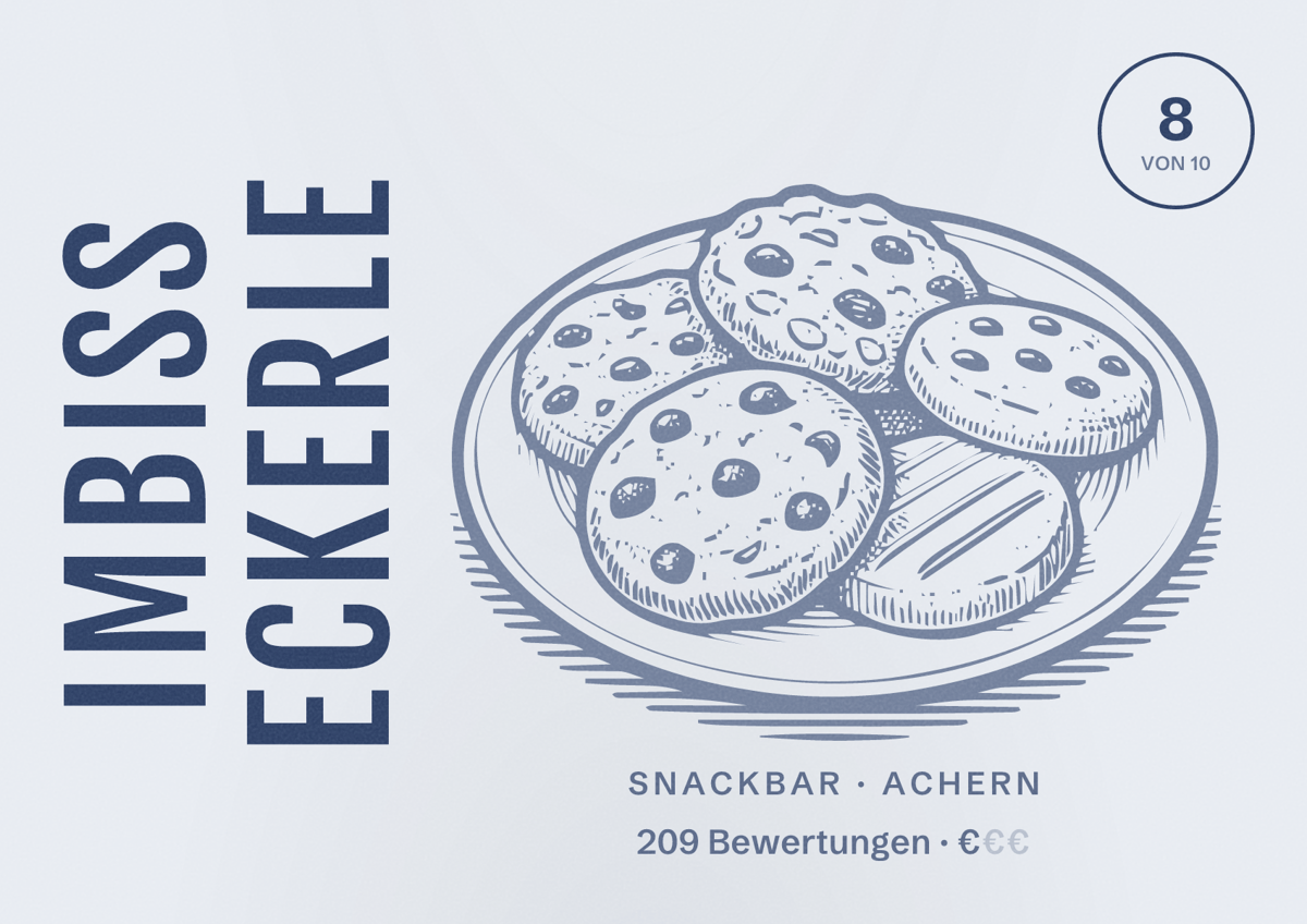 Illustriertes Poster von Imbiss Eckerle, Snackbar in Achern: Bewertung 8 von 10 aus 209 Bewertungen, Preisniveau €