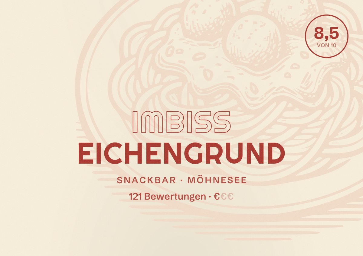 Illustriertes Poster von Imbiss Eichengrund, Snackbar in Möhnesee: Bewertung 8,5 von 10 aus 121 Bewertungen, Preisniveau €