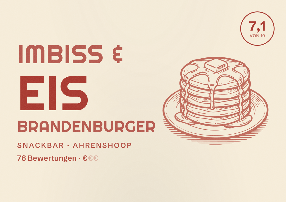Illustriertes Poster von Imbiss & Eis Brandenburger, Snackbar in Ahrenshoop: Bewertung 7,1 von 10 aus 76 Bewertungen, Preisniveau €