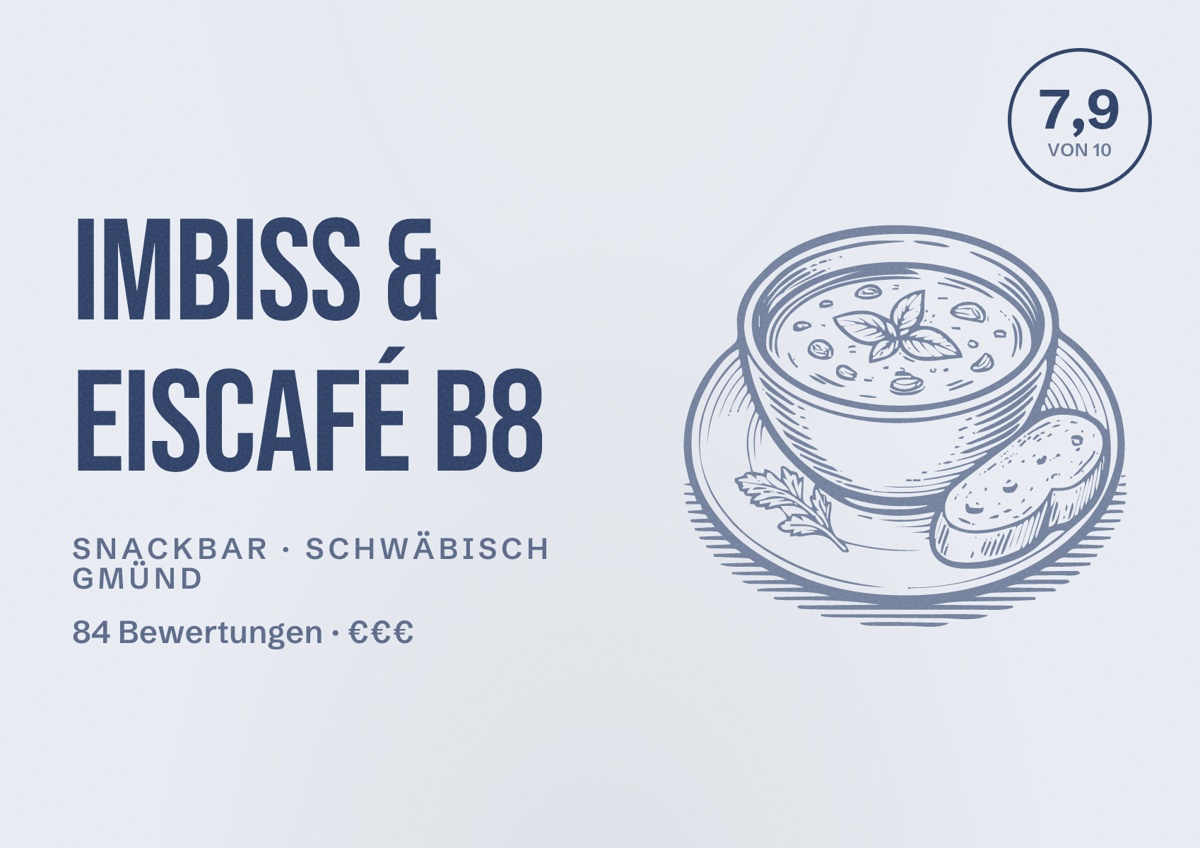 Illustriertes Poster von Imbiss & Eiscafé B8, Snackbar in Schwäbisch Gmünd: Bewertung 7,9 von 10 aus 84 Bewertungen, Preisniveau €€€