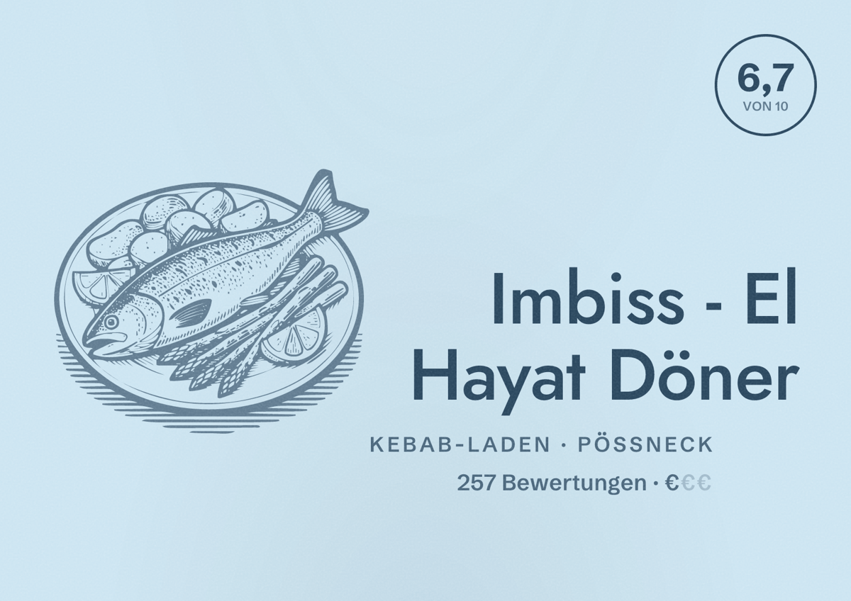 Illustriertes Poster von Imbiss - El Hayat Döner, Kebab-Laden in Pößneck: Bewertung 6,7 von 10 aus 257 Bewertungen, Preisniveau €
