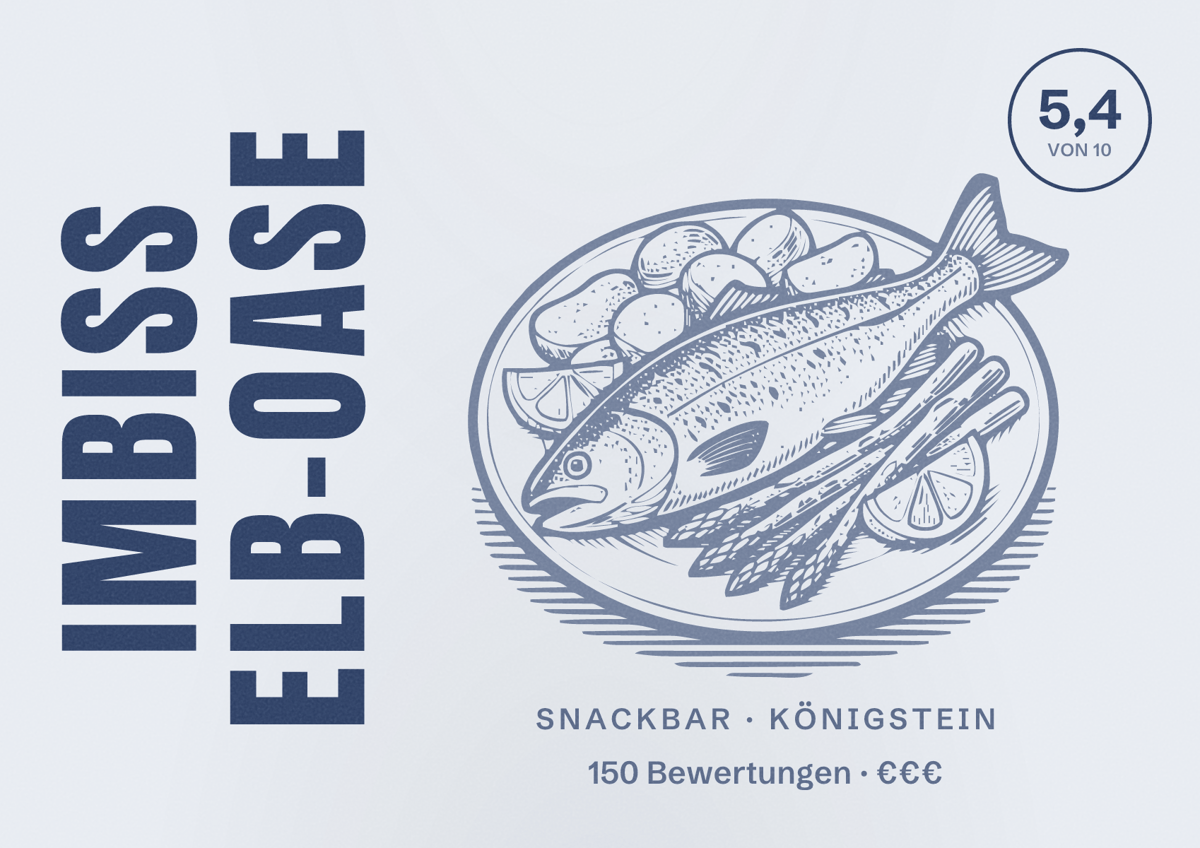 Illustriertes Poster von Imbiss Elb-Oase, Snackbar in Königstein: Bewertung 5,4 von 10 aus 150 Bewertungen, Preisniveau €€€