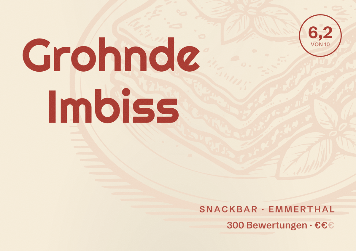 Illustriertes Poster von Grohnde Imbiss, Snackbar in Emmerthal: Bewertung 6,2 von 10 aus 300 Bewertungen, Preisniveau €€