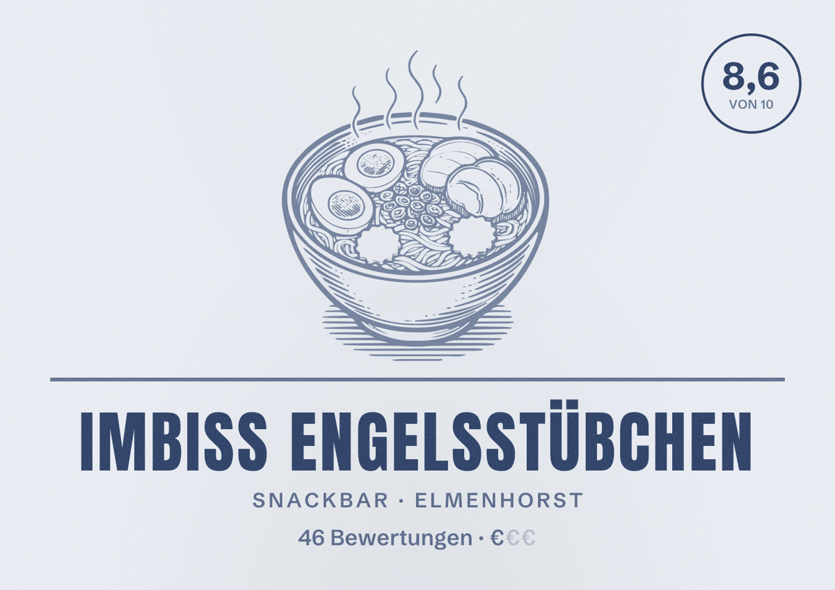 Illustriertes Poster von Imbiss Engelsstübchen, Snackbar in Elmenhorst: Bewertung 8,6 von 10 aus 46 Bewertungen, Preisniveau €