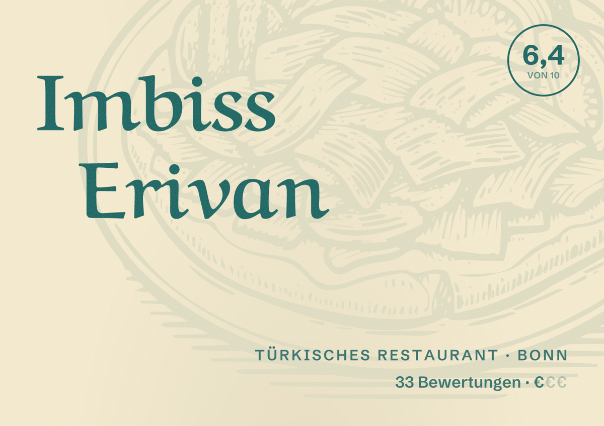 Illustriertes Poster von Imbiss Erivan, Türkisches Restaurant in Bonn: Bewertung 6,4 von 10 aus 33 Bewertungen, Preisniveau €