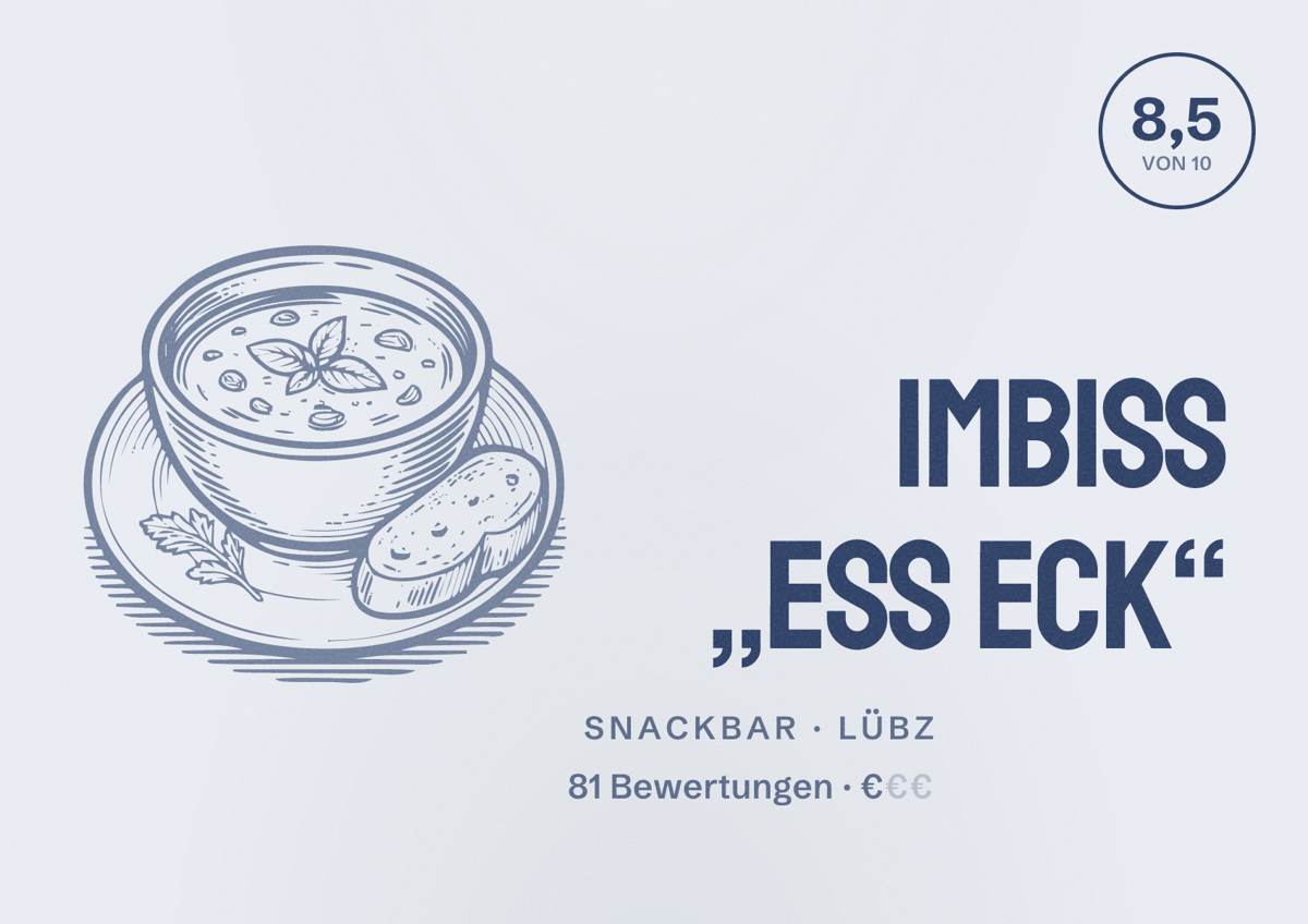 Illustriertes Poster von Imbiss „Ess Eck“, Snackbar in Lübz: Bewertung 8,5 von 10 aus 81 Bewertungen, Preisniveau €
