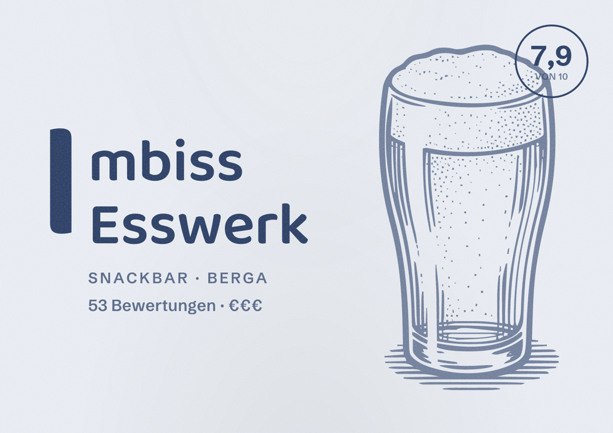 Illustriertes Poster von Imbiss Esswerk, Snackbar in Berga: Bewertung 7,9 von 10 aus 53 Bewertungen, Preisniveau €€€