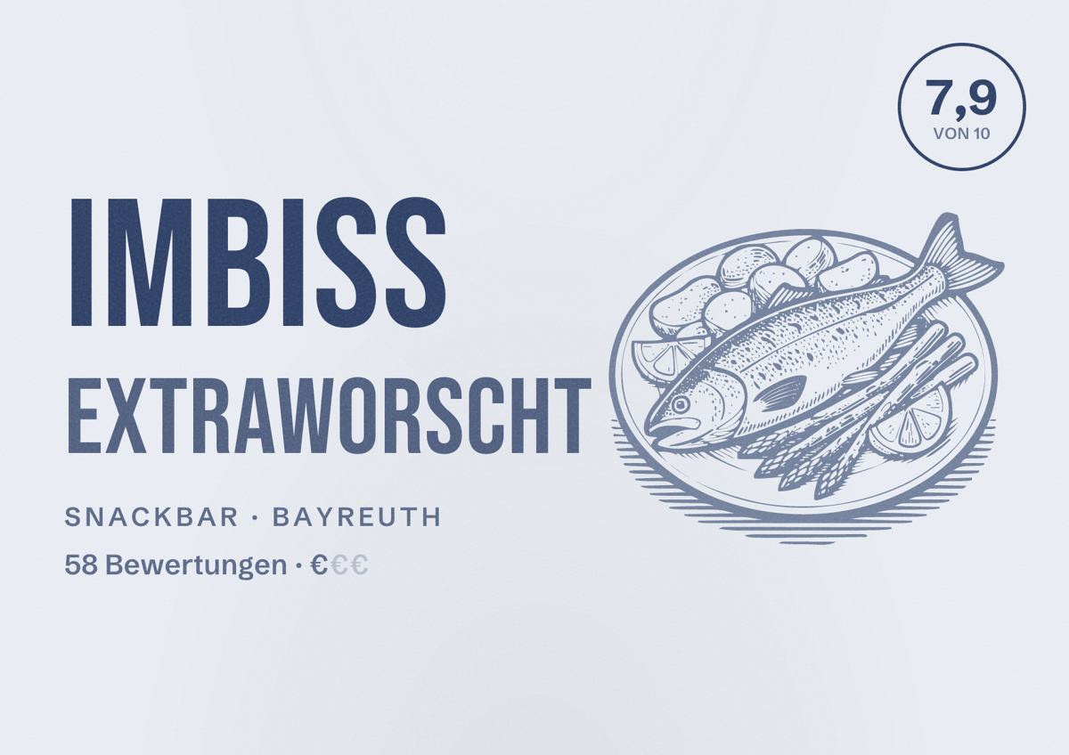 Illustriertes Poster von Imbiss Extraworscht, Snackbar in Bayreuth: Bewertung 7,9 von 10 aus 58 Bewertungen, Preisniveau €