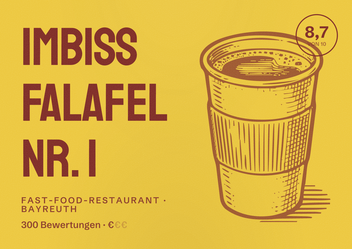 Illustriertes Poster von Imbiss Falafel Nr. 1, Fast-Food-Restaurant in Bayreuth: Bewertung 8,7 von 10 aus 300 Bewertungen, Preisniveau €