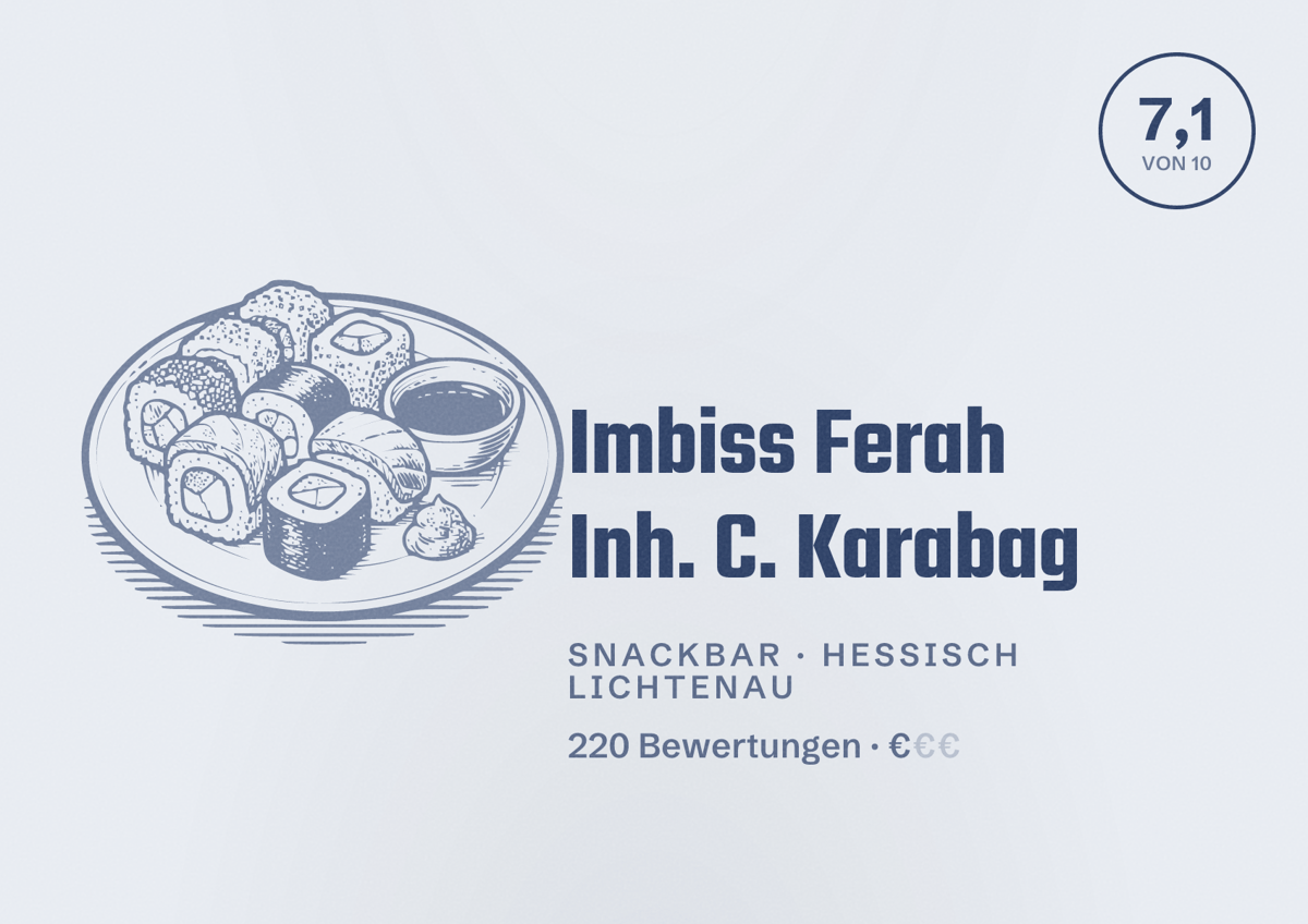 Illustriertes Poster von Imbiss Ferah Inh. C. Karabag, Snackbar in Hessisch Lichtenau: Bewertung 7,1 von 10 aus 220 Bewertungen, Preisniveau €