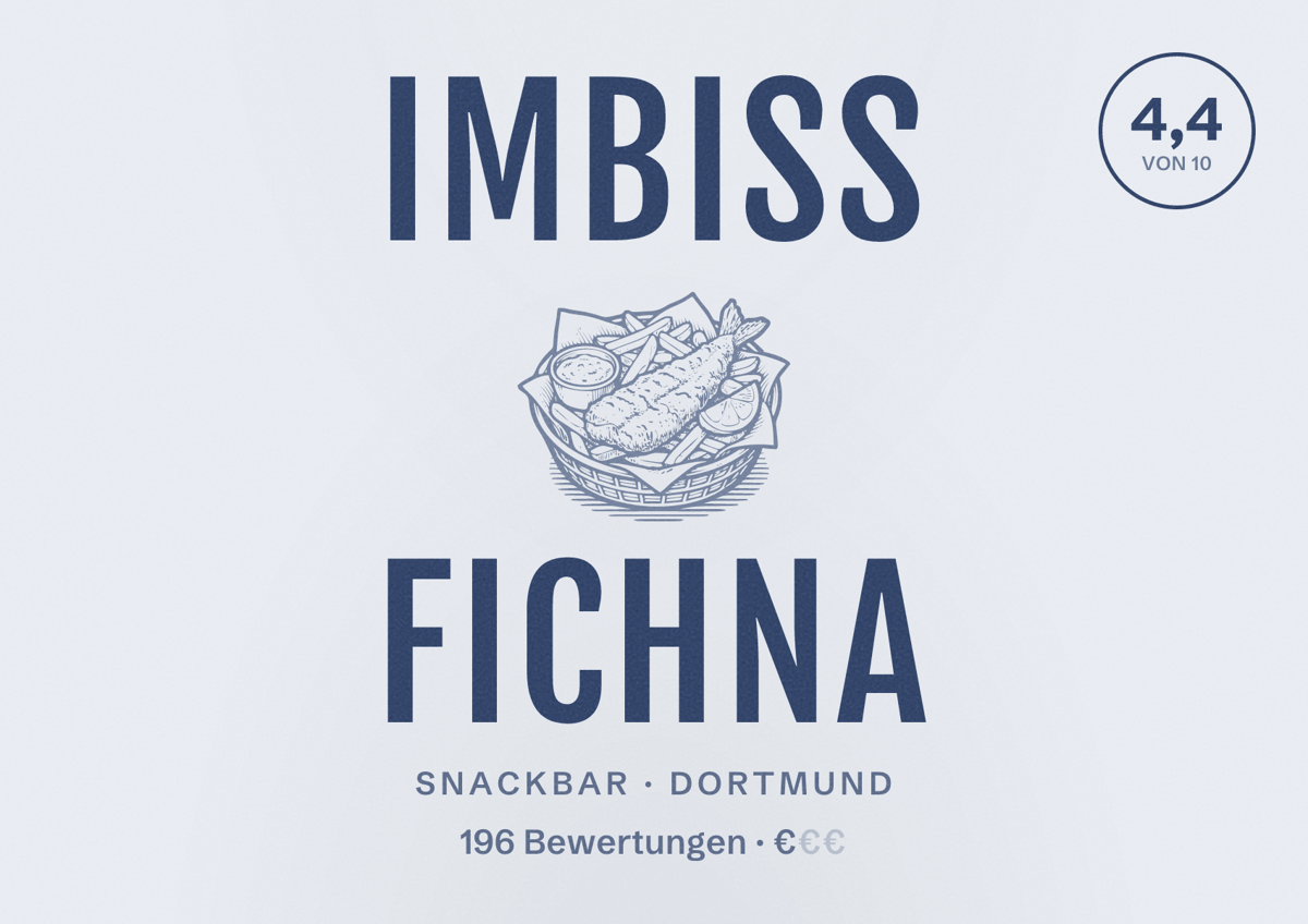 Illustriertes Poster von Imbiss Fichna, Snackbar in Dortmund: Bewertung 4,4 von 10 aus 196 Bewertungen, Preisniveau €