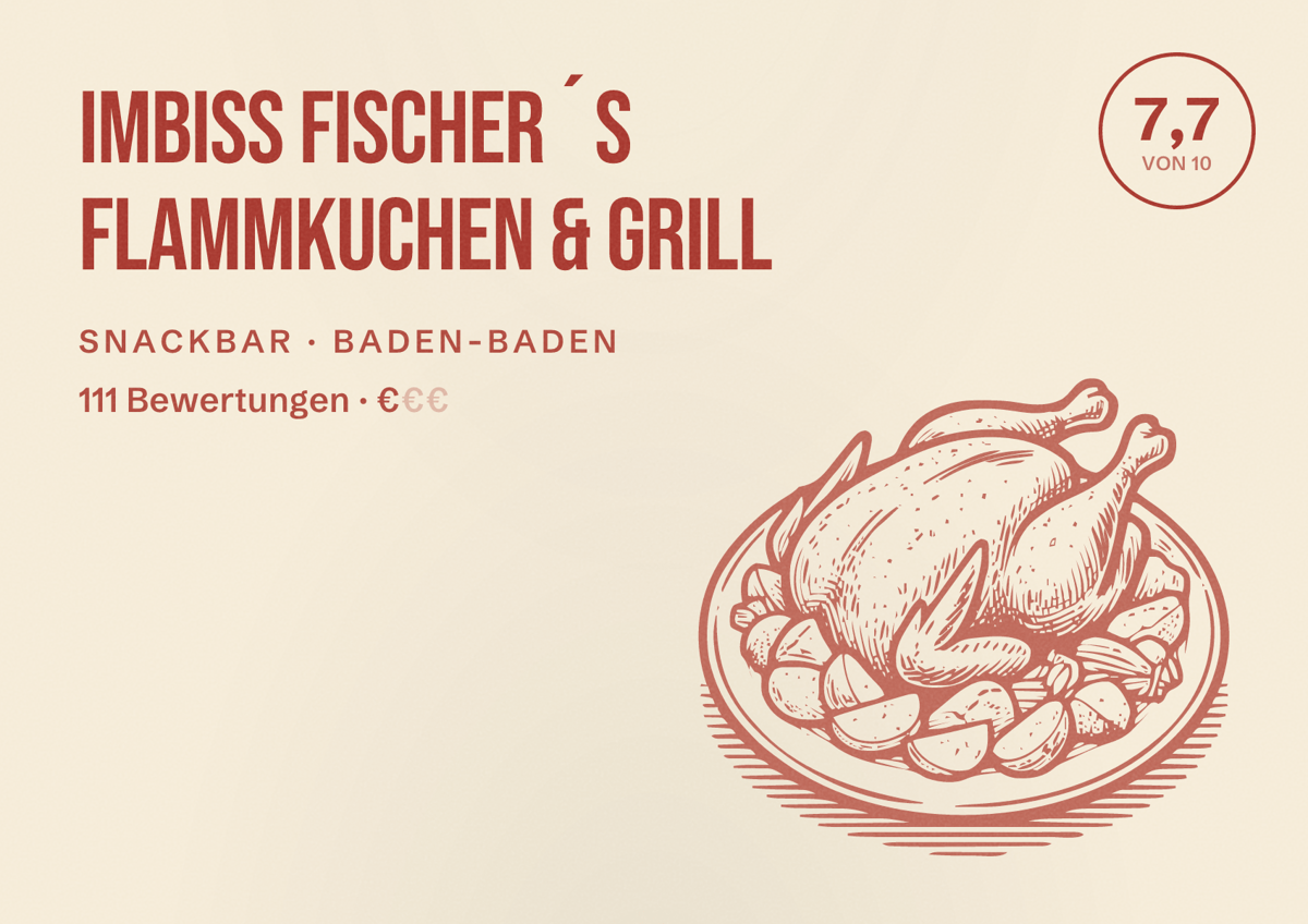 Illustriertes Poster von Imbiss Fischer´s Flammkuchen & Grill, Snackbar in Baden-Baden: Bewertung 7,7 von 10 aus 111 Bewertungen, Preisniveau €