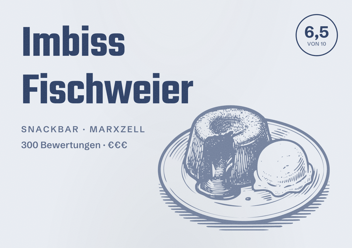 Illustriertes Poster von Imbiss Fischweier, Snackbar in Marxzell: Bewertung 6,5 von 10 aus 300 Bewertungen, Preisniveau €€€