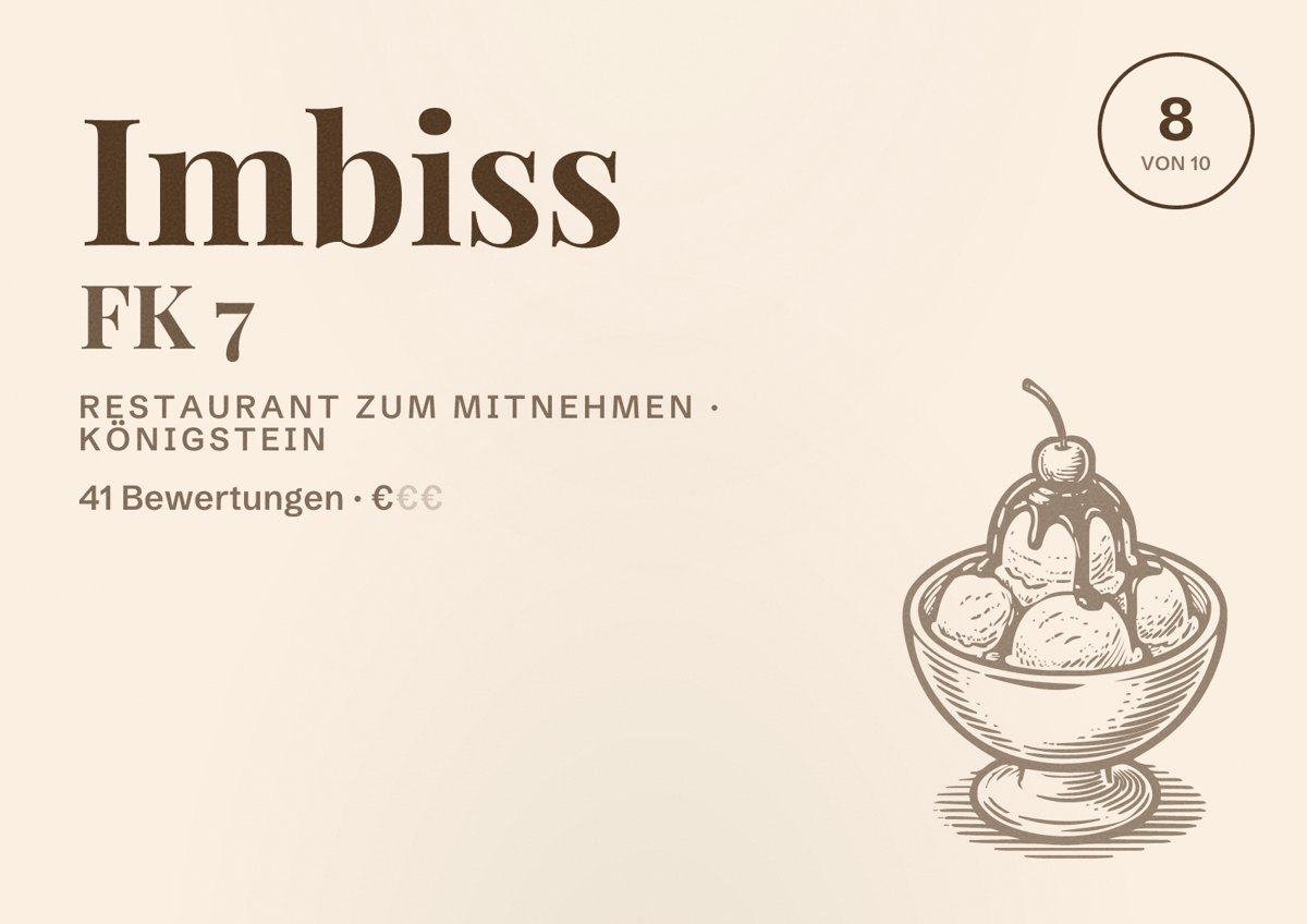 Illustriertes Poster von Imbiss FK 7, Restaurant zum Mitnehmen in Königstein: Bewertung 8 von 10 aus 41 Bewertungen, Preisniveau €