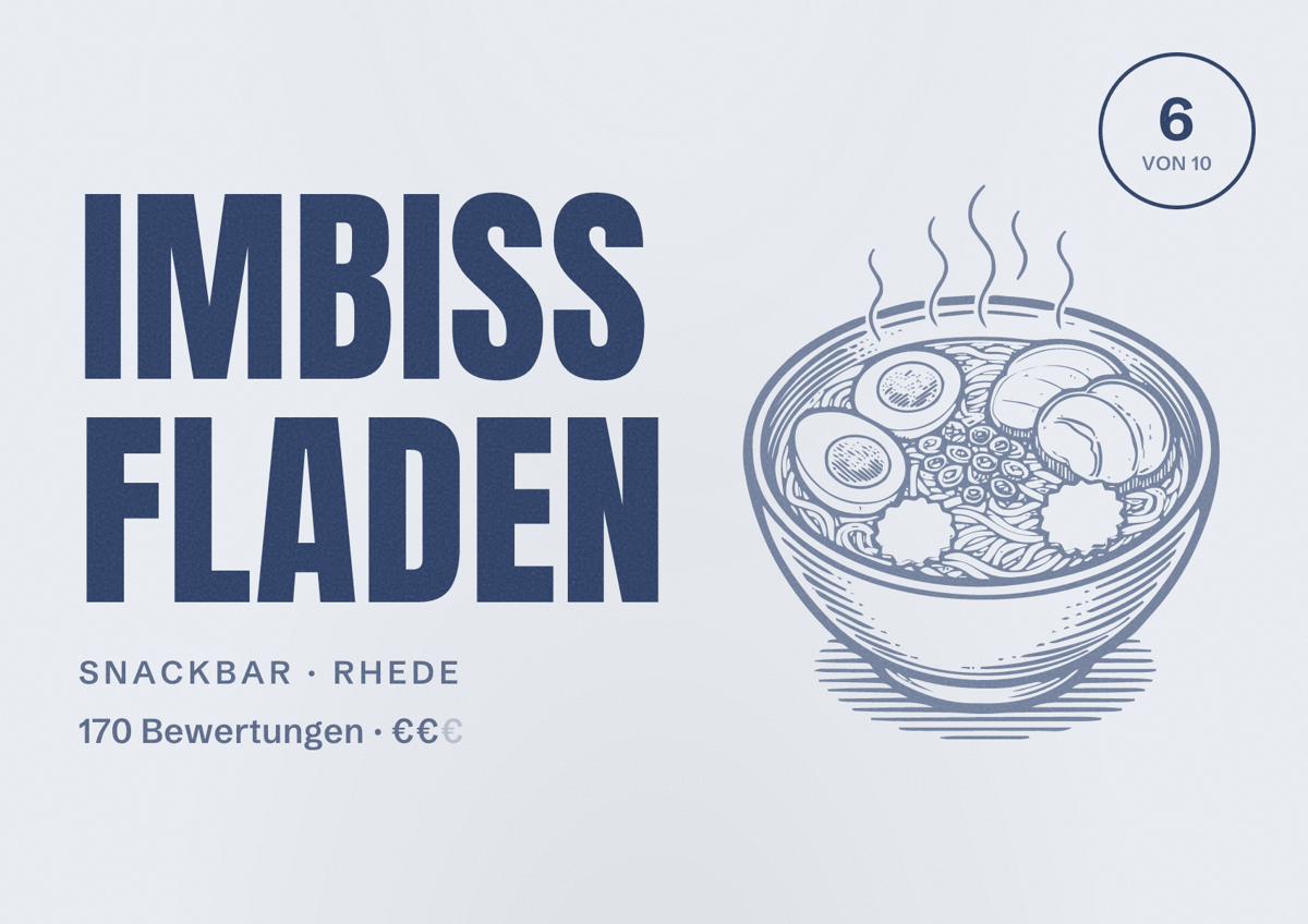 Illustriertes Poster von Imbiss Fladen, Snackbar in Rhede: Bewertung 6 von 10 aus 170 Bewertungen, Preisniveau €€