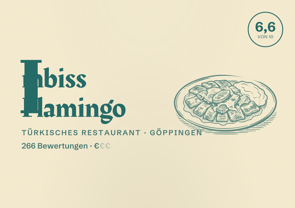 Illustriertes Poster von Imbiss Flamingo, Türkisches Restaurant in Göppingen: Bewertung 6,6 von 10 aus 266 Bewertungen, Preisniveau €