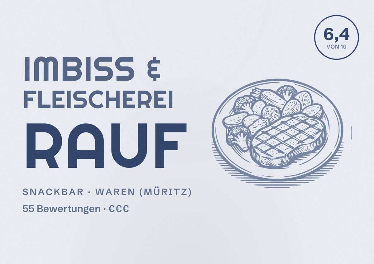 Illustriertes Poster von Imbiss & Fleischerei Rauf, Snackbar in Waren (Müritz): Bewertung 6,4 von 10 aus 55 Bewertungen, Preisniveau €€€