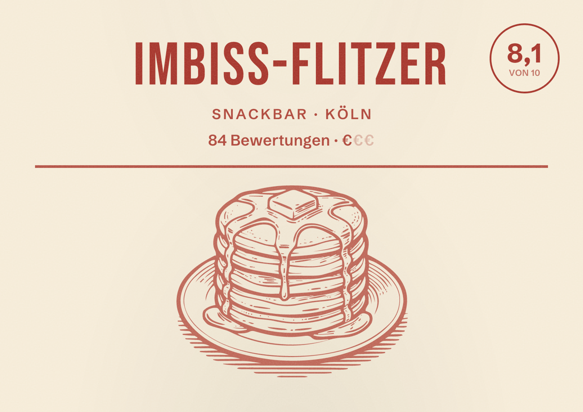 Illustriertes Poster von imbiss-flitzer, Snackbar in Köln: Bewertung 8,1 von 10 aus 84 Bewertungen, Preisniveau €