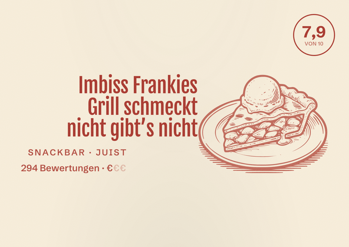 Illustriertes Poster von Imbiss Frankies Grill schmeckt nicht gibt’s nicht, Snackbar in Juist: Bewertung 7,9 von 10 aus 294 Bewertungen, Preisniveau €