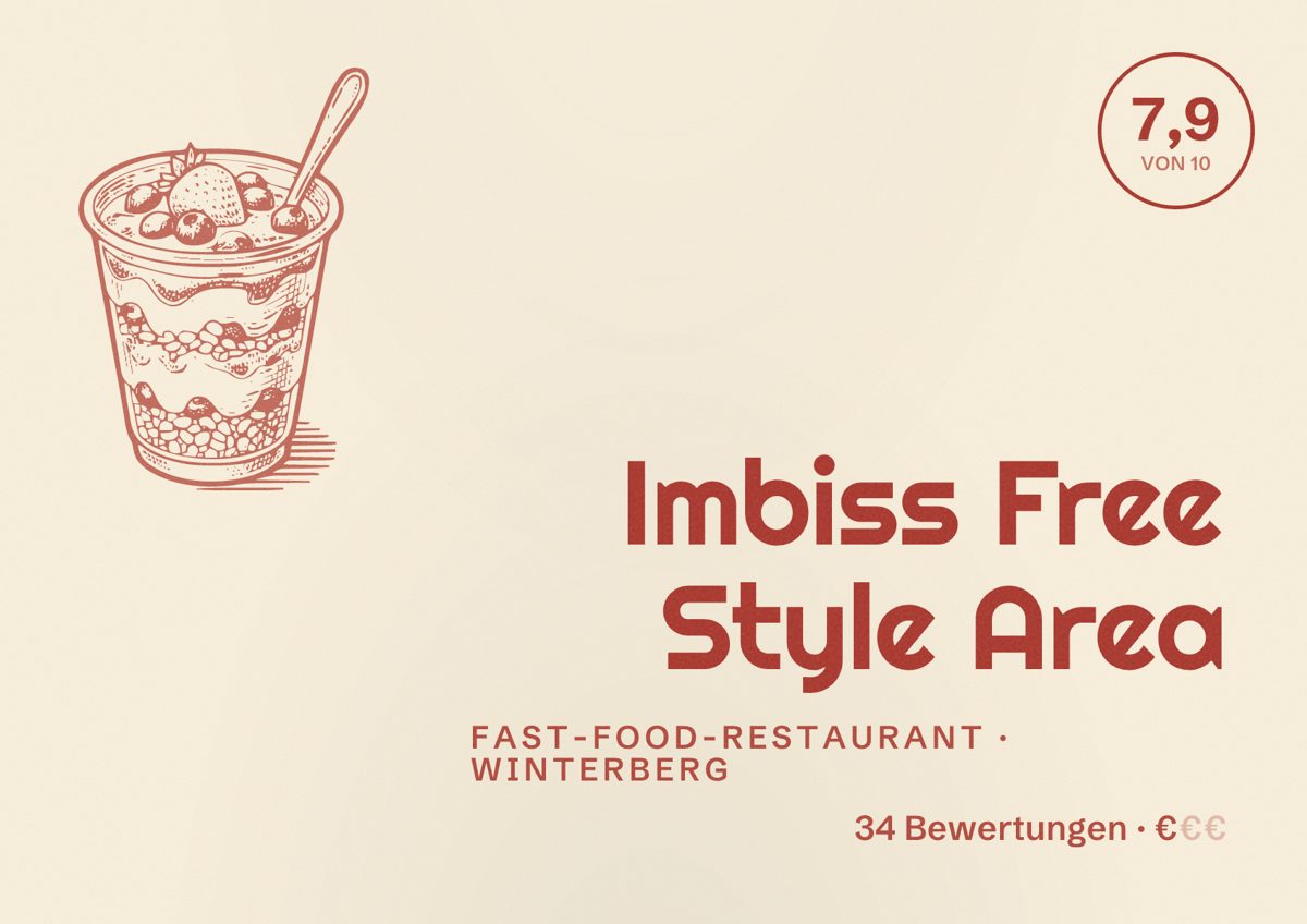 Illustriertes Poster von Imbiss Free Style Area, Fast-Food-Restaurant in Winterberg: Bewertung 7,9 von 10 aus 34 Bewertungen, Preisniveau €
