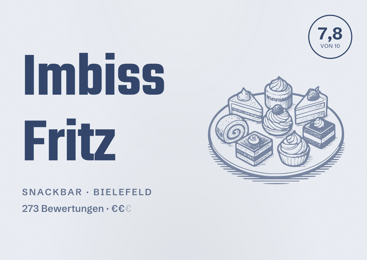 Illustriertes Poster von Imbiss Fritz, Snackbar in Bielefeld: Bewertung 7,8 von 10 aus 273 Bewertungen, Preisniveau €€