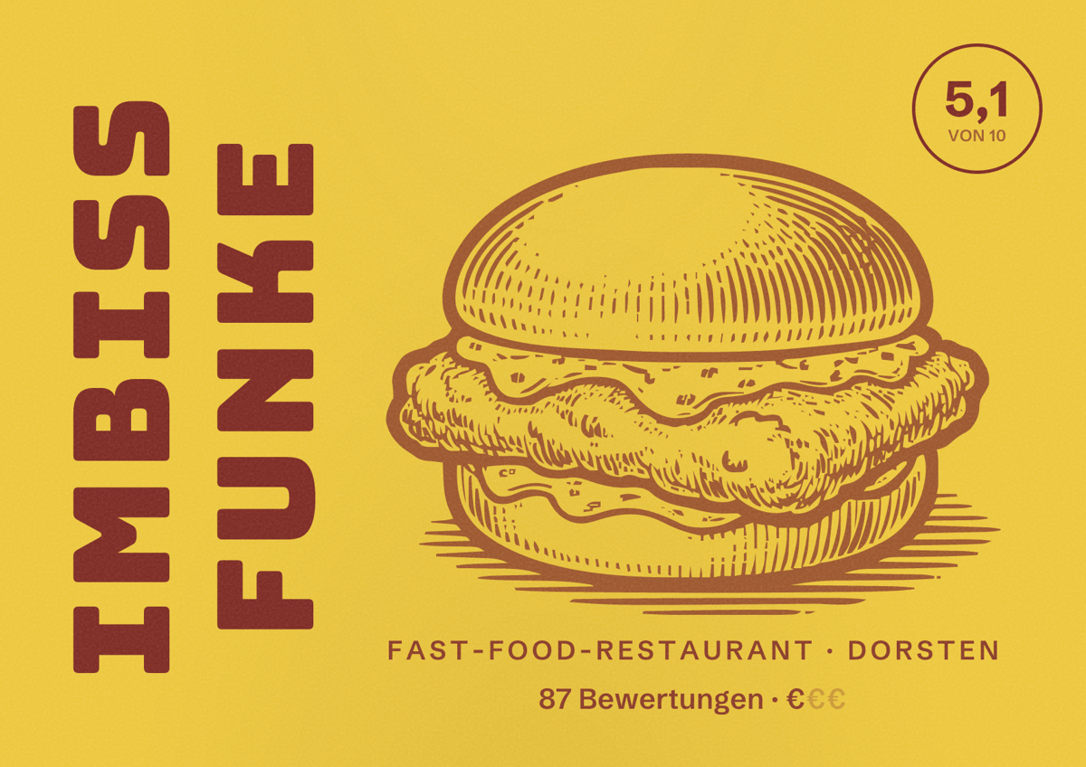 Illustriertes Poster von Imbiss Funke, Fast-Food-Restaurant in Dorsten: Bewertung 5,1 von 10 aus 87 Bewertungen, Preisniveau €