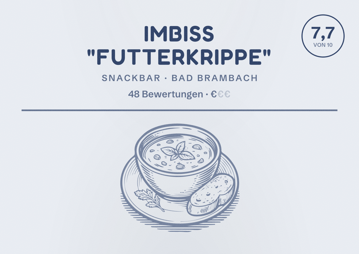 Illustriertes Poster von Imbiss "Futterkrippe", Snackbar in Bad Brambach: Bewertung 7,7 von 10 aus 48 Bewertungen, Preisniveau €