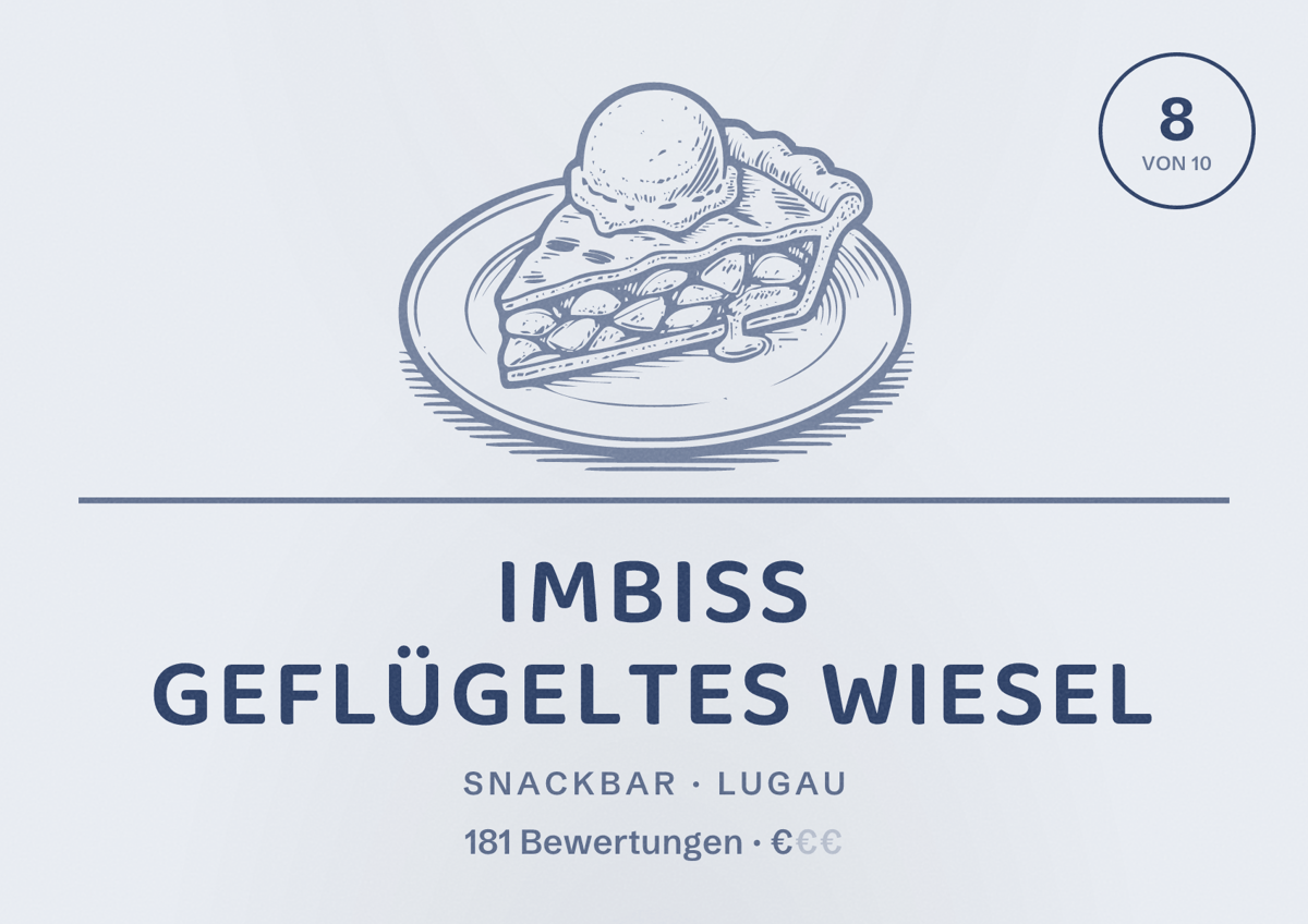 Illustriertes Poster von Imbiss Geflügeltes Wiesel, Snackbar in Lugau: Bewertung 8 von 10 aus 181 Bewertungen, Preisniveau €