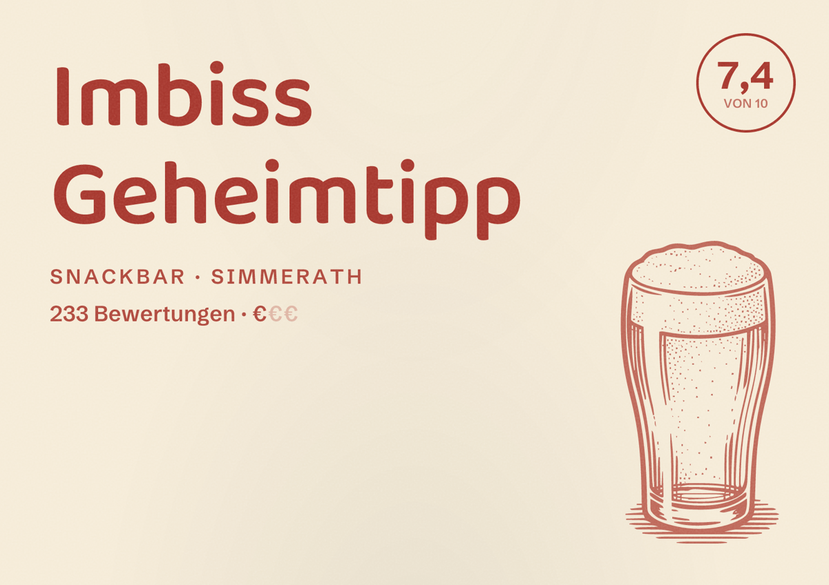 Illustriertes Poster von Imbiss Geheimtipp, Snackbar in Simmerath: Bewertung 7,4 von 10 aus 233 Bewertungen, Preisniveau €