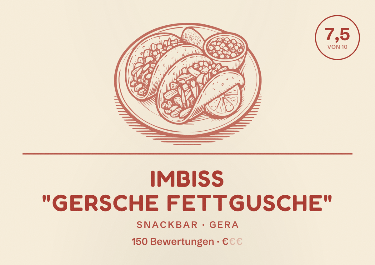 Illustriertes Poster von Imbiss "Gersche Fettgusche", Snackbar in Gera: Bewertung 7,5 von 10 aus 150 Bewertungen, Preisniveau €
