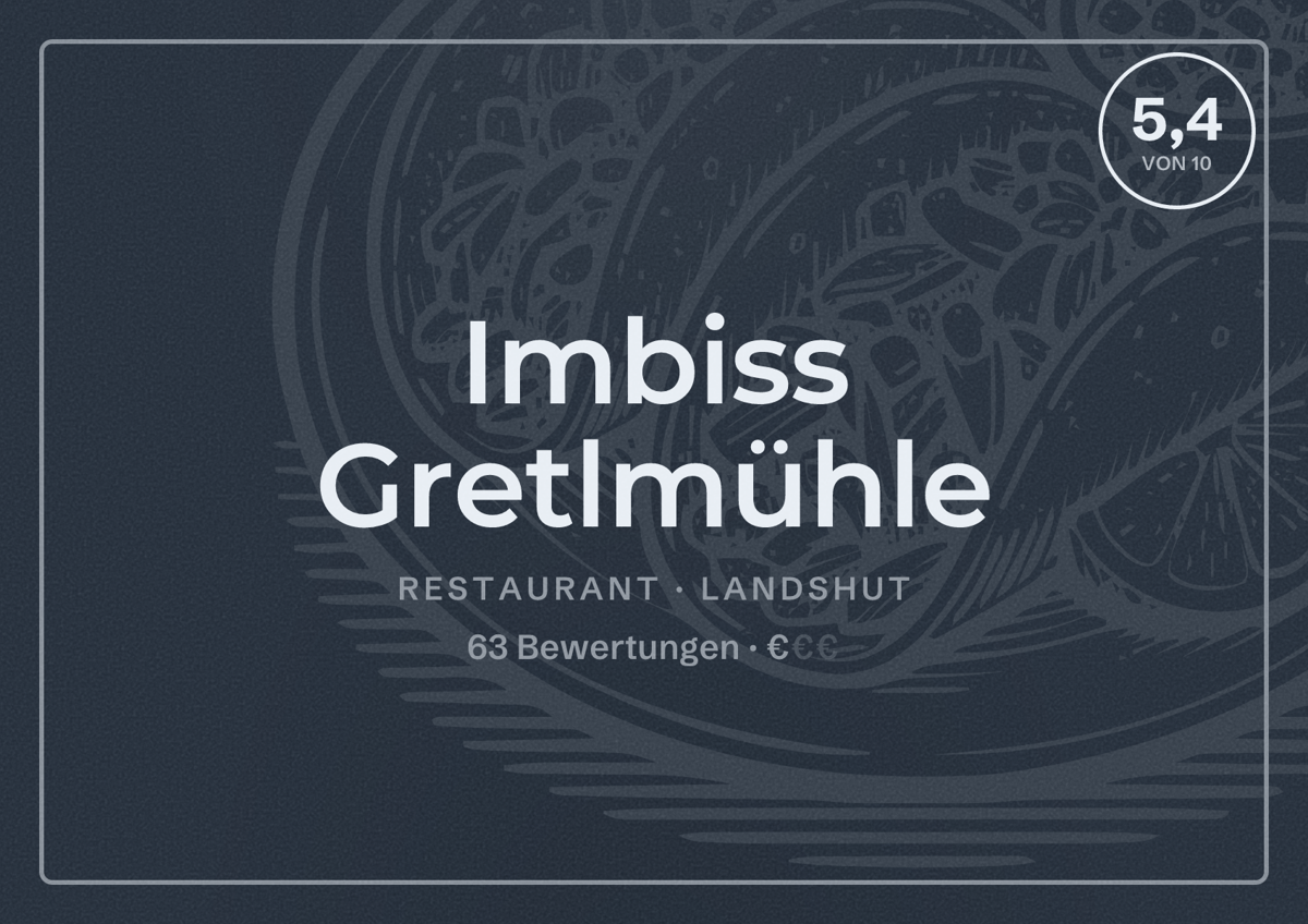 Illustriertes Poster von Imbiss Gretlmühle, Restaurant in Landshut: Bewertung 5,4 von 10 aus 63 Bewertungen, Preisniveau €