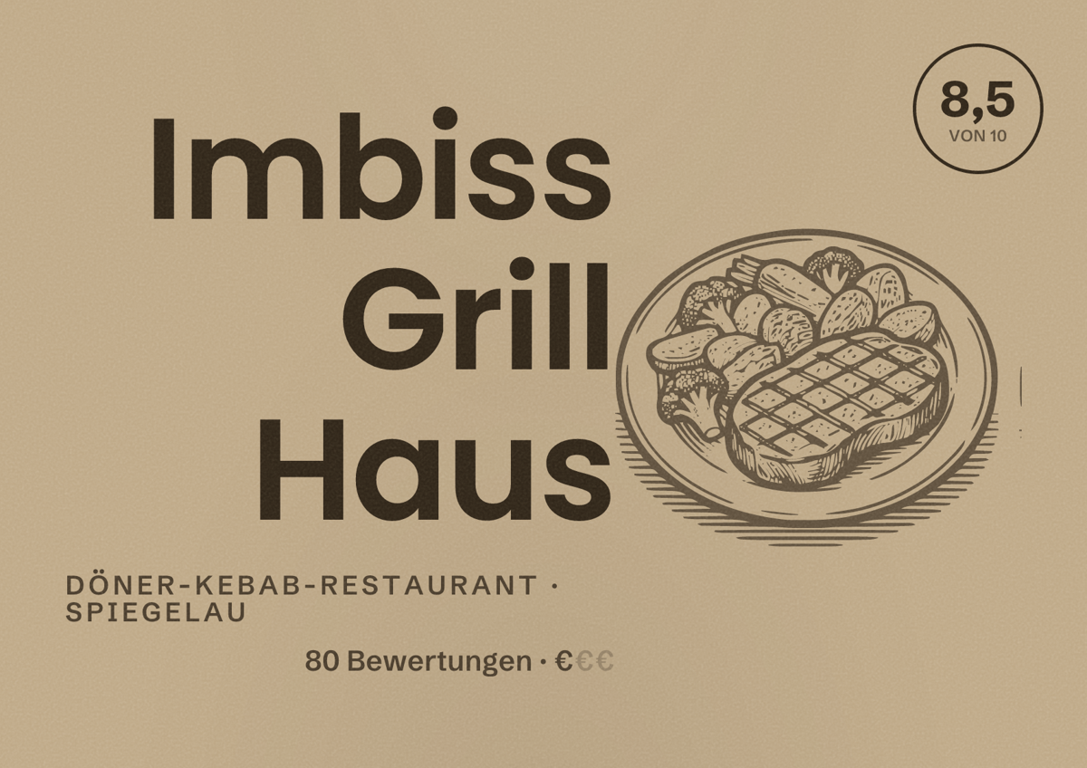 Illustriertes Poster von Imbiss Grill Haus, Döner-Kebab-Restaurant in Spiegelau: Bewertung 8,5 von 10 aus 80 Bewertungen, Preisniveau €