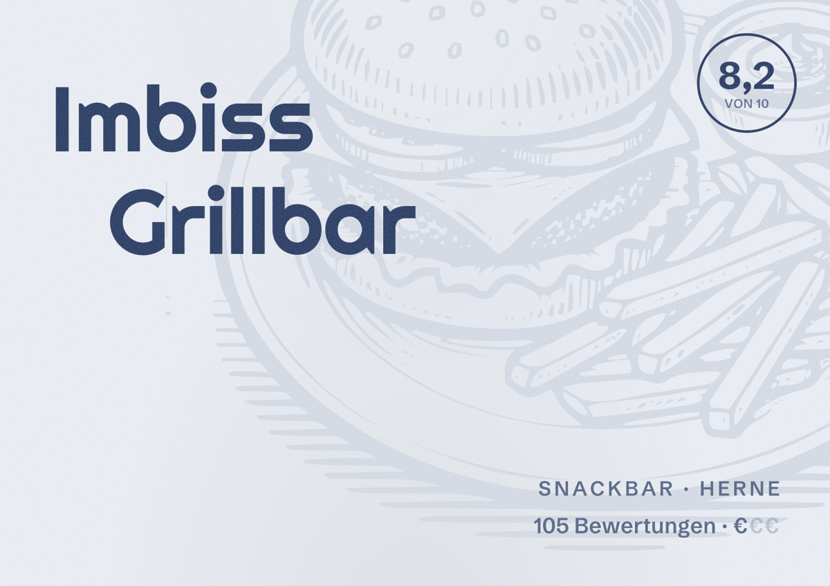 Illustriertes Poster von Imbiss Grillbar, Snackbar in Herne: Bewertung 8,2 von 10 aus 105 Bewertungen, Preisniveau €