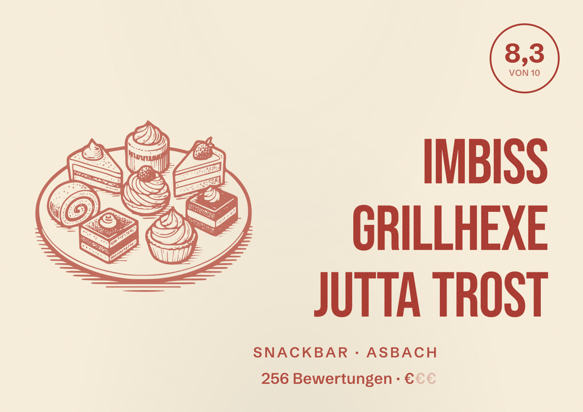 Illustriertes Poster von Imbiss Grillhexe Jutta Trost, Snackbar in Asbach: Bewertung 8,3 von 10 aus 256 Bewertungen, Preisniveau €