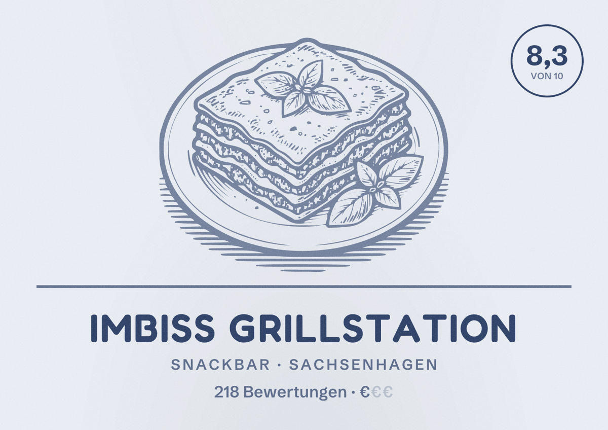 Illustriertes Poster von Imbiss Grillstation, Snackbar in Sachsenhagen: Bewertung 8,3 von 10 aus 218 Bewertungen, Preisniveau €