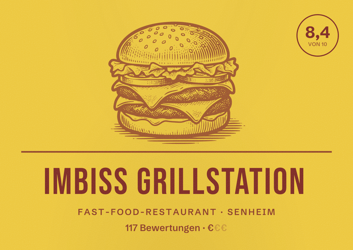 Illustriertes Poster von Imbiss Grillstation, Fast-Food-Restaurant in Senheim: Bewertung 8,4 von 10 aus 117 Bewertungen, Preisniveau €
