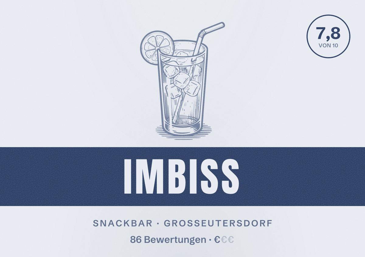 Illustriertes Poster von Imbiss, Snackbar in Großeutersdorf: Bewertung 7,8 von 10 aus 86 Bewertungen, Preisniveau €