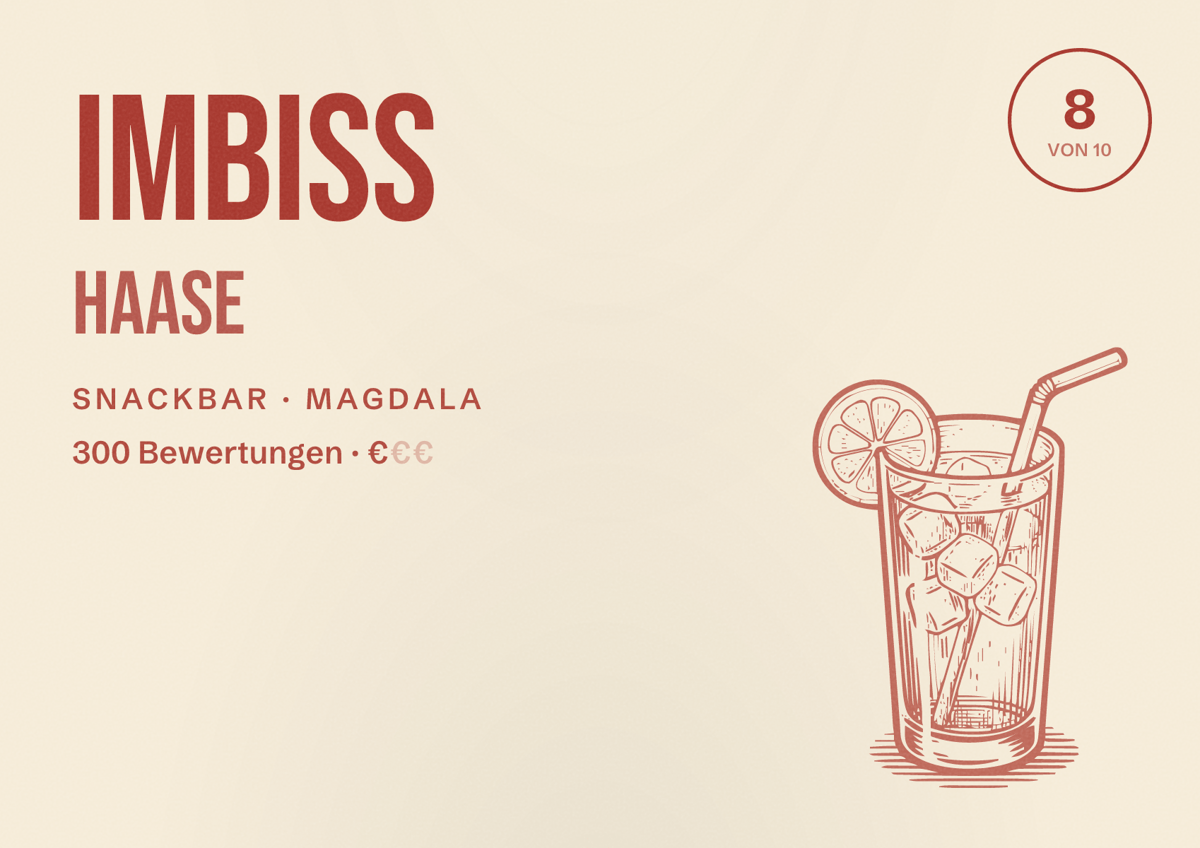 Illustriertes Poster von Imbiss Haase, Snackbar in Magdala: Bewertung 8 von 10 aus 300 Bewertungen, Preisniveau €