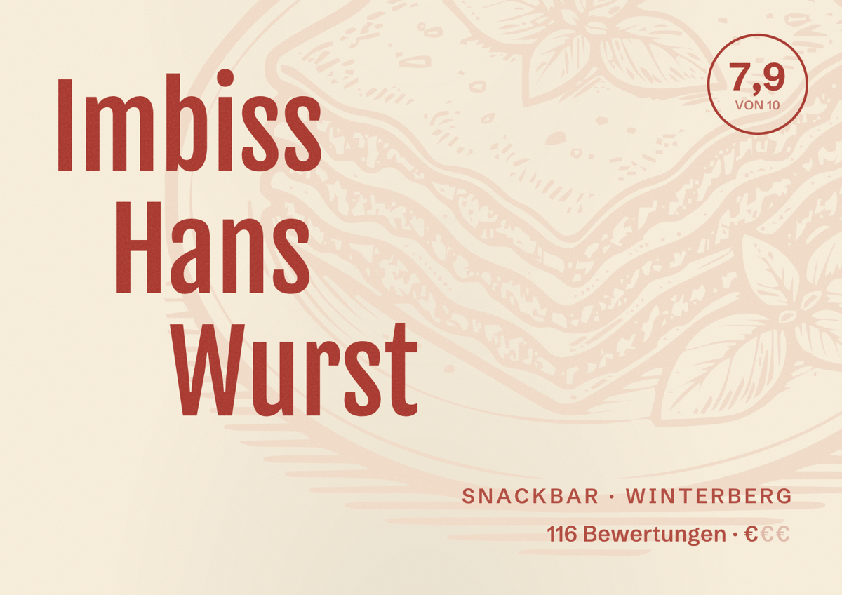 Illustriertes Poster von Imbiss Hans Wurst, Snackbar in Winterberg: Bewertung 7,9 von 10 aus 116 Bewertungen, Preisniveau €
