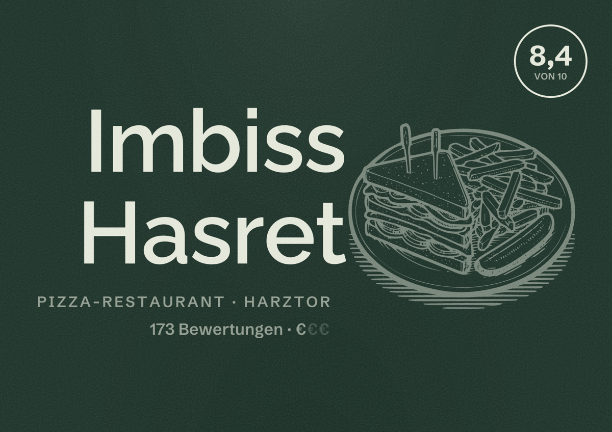 Illustriertes Poster von Imbiss Hasret, Pizza-Restaurant in Harztor: Bewertung 8,4 von 10 aus 173 Bewertungen, Preisniveau €