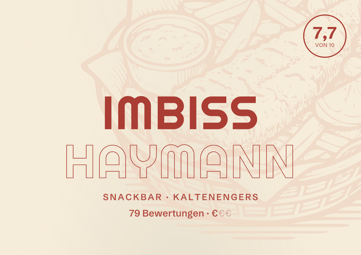 Illustriertes Poster von Imbiss Haymann, Snackbar in Kaltenengers: Bewertung 7,7 von 10 aus 79 Bewertungen, Preisniveau €