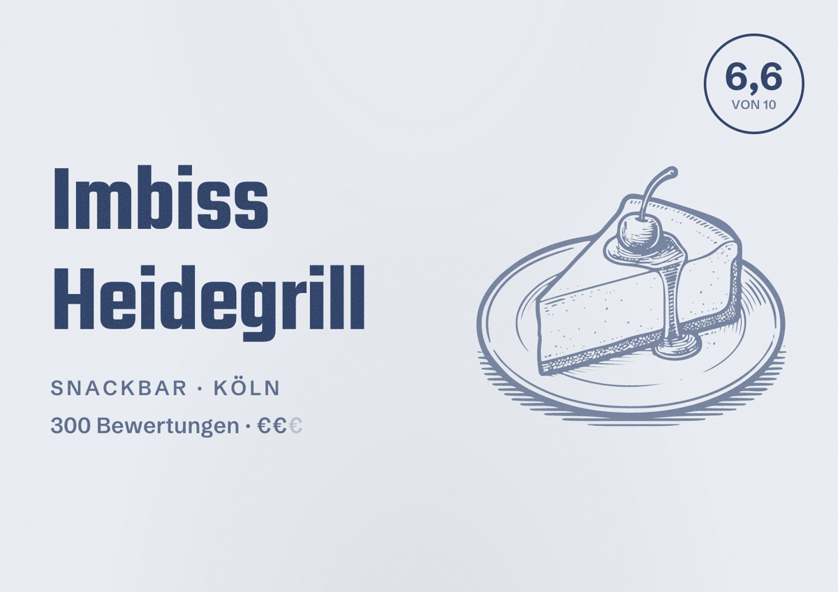 Illustriertes Poster von Imbiss Heidegrill, Snackbar in Köln: Bewertung 6,6 von 10 aus 300 Bewertungen, Preisniveau €€
