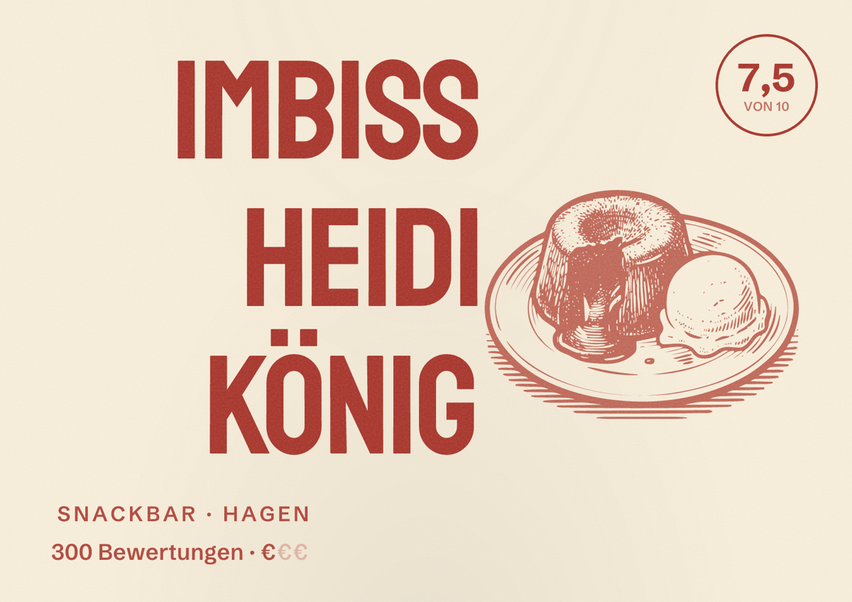 Illustriertes Poster von Imbiss Heidi König, Snackbar in Hagen: Bewertung 7,5 von 10 aus 300 Bewertungen, Preisniveau €